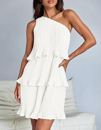 Spring Summer Women Clothing Oblique Shoulder Layered Stitching Hem Solid Color Dress Women by Ragazza