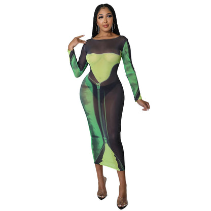 Summer Women Clothing Sexy Mesh Floral Print Long Sleeve Mid-Length Women Dress by Ragazza