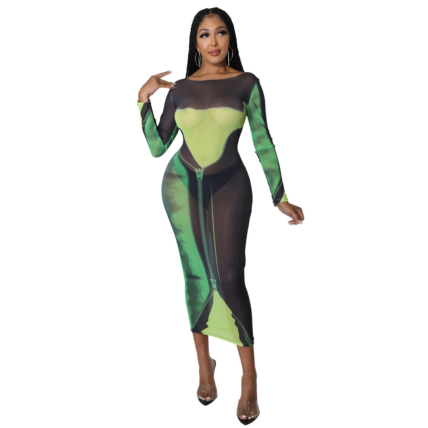 Summer Women Clothing Sexy Mesh Floral Print Long Sleeve Mid-Length Women Dress by Ragazza