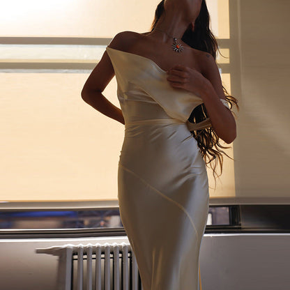 Women off Shoulder Dress Sexy Backless Satin Dress Light Luxury Dress Elegant Fishtail by Ragazza