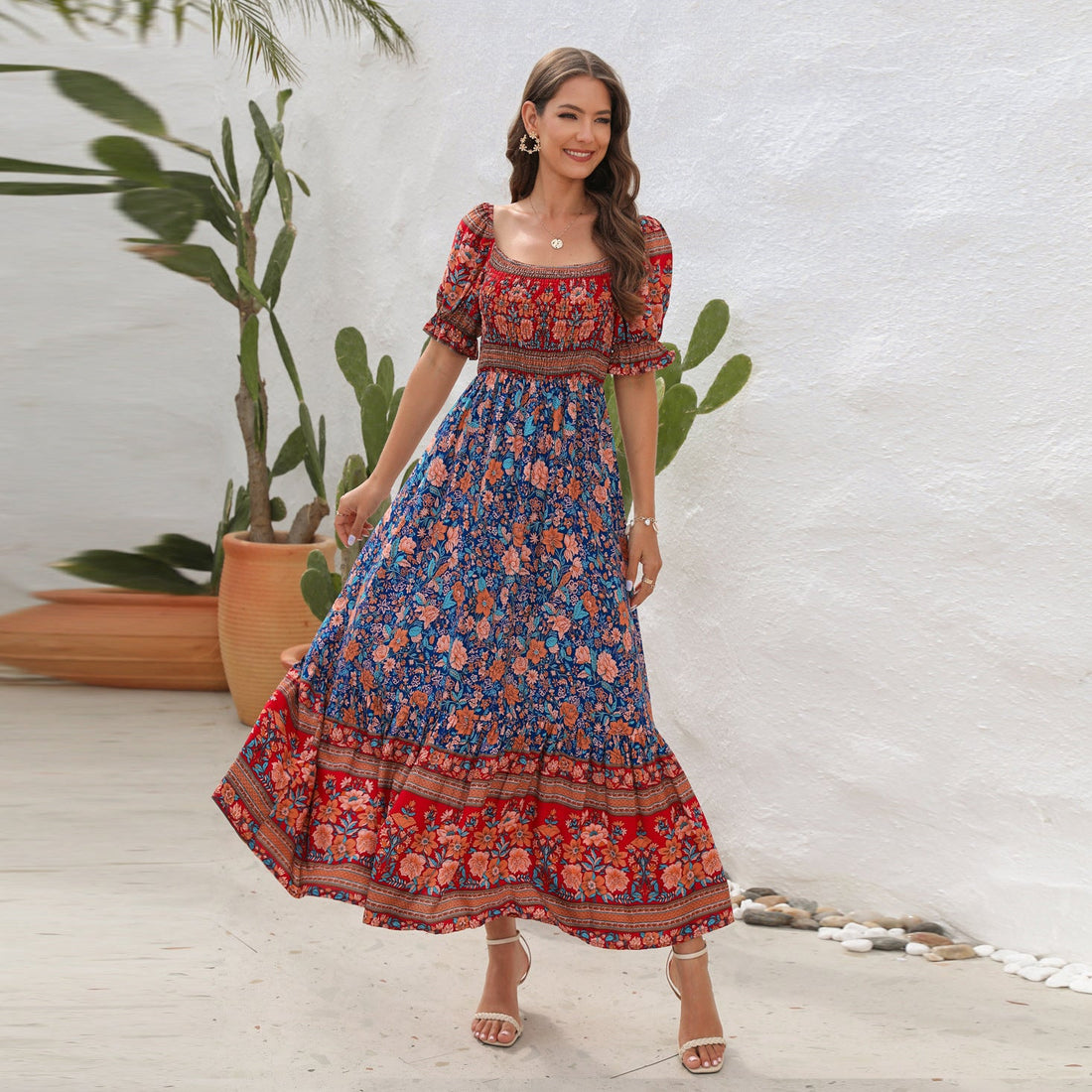 Bohemian Beach Holiday Dress off Shoulder Puff Sleeve Floral Mid Length Dress by Ragazza