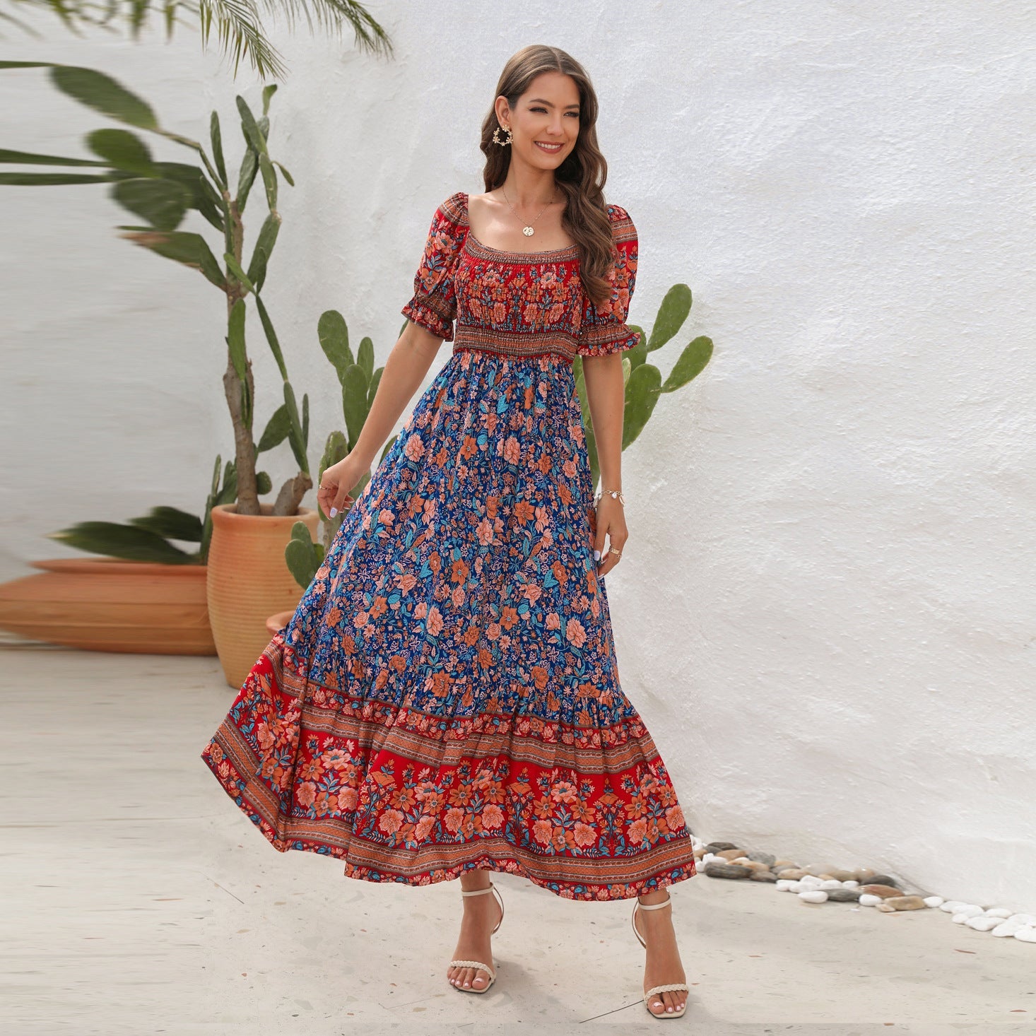 Bohemian Beach Holiday Dress off Shoulder Puff Sleeve Floral Mid Length Dress by Ragazza