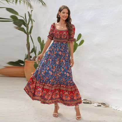 Bohemian Beach Holiday Dress off Shoulder Puff Sleeve Floral Mid Length Dress by Ragazza