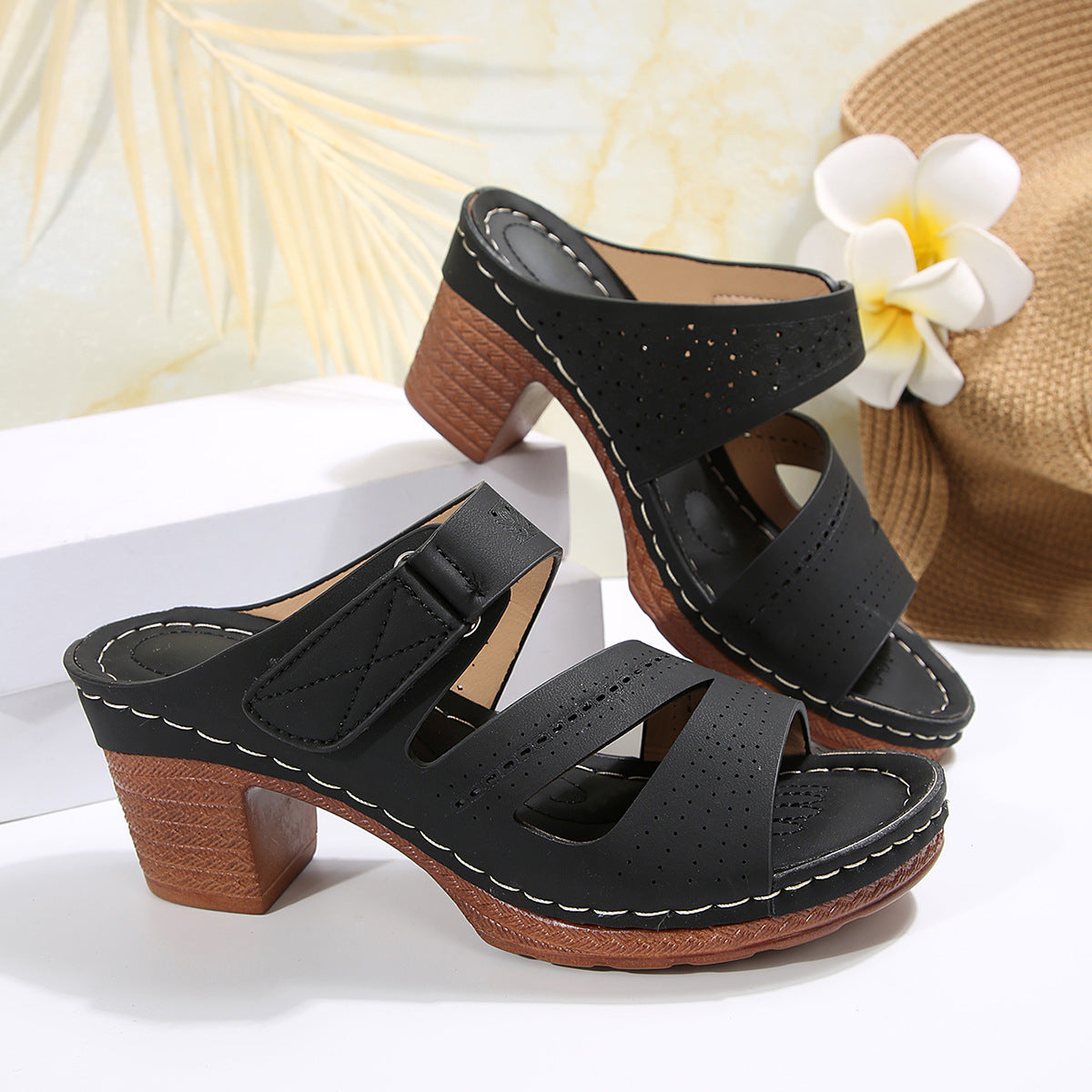 Hollow Out Cutout out Wedge Slippers Women Stitching Velcro Beach Slippers  DestGlow