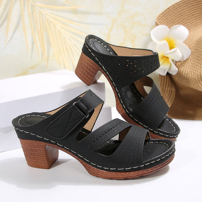 Hollow Out Cutout out Wedge Slippers Women Stitching Velcro Beach Slippers  DestGlow
