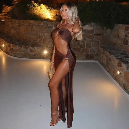 Women Clothing Summer Sexy Lace up Cutout Metal Decoration Split Dress by Ragazza
