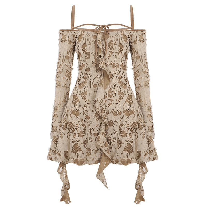 Retro Waste Soil Sexy Ripped Fabric Bell Sleeve off Shoulder Irregular Asymmetric Dress  DestGlow