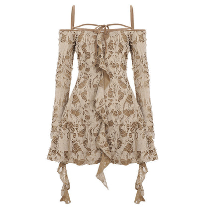 Retro Waste Soil Sexy Ripped Fabric Bell Sleeve off Shoulder Irregular Asymmetric Dress  DestGlow