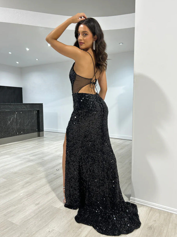 Sequined Split Sexy Sling Dress Waist Controlled Cocktail Dress Slim Fit Maxi Dress by Ragazza