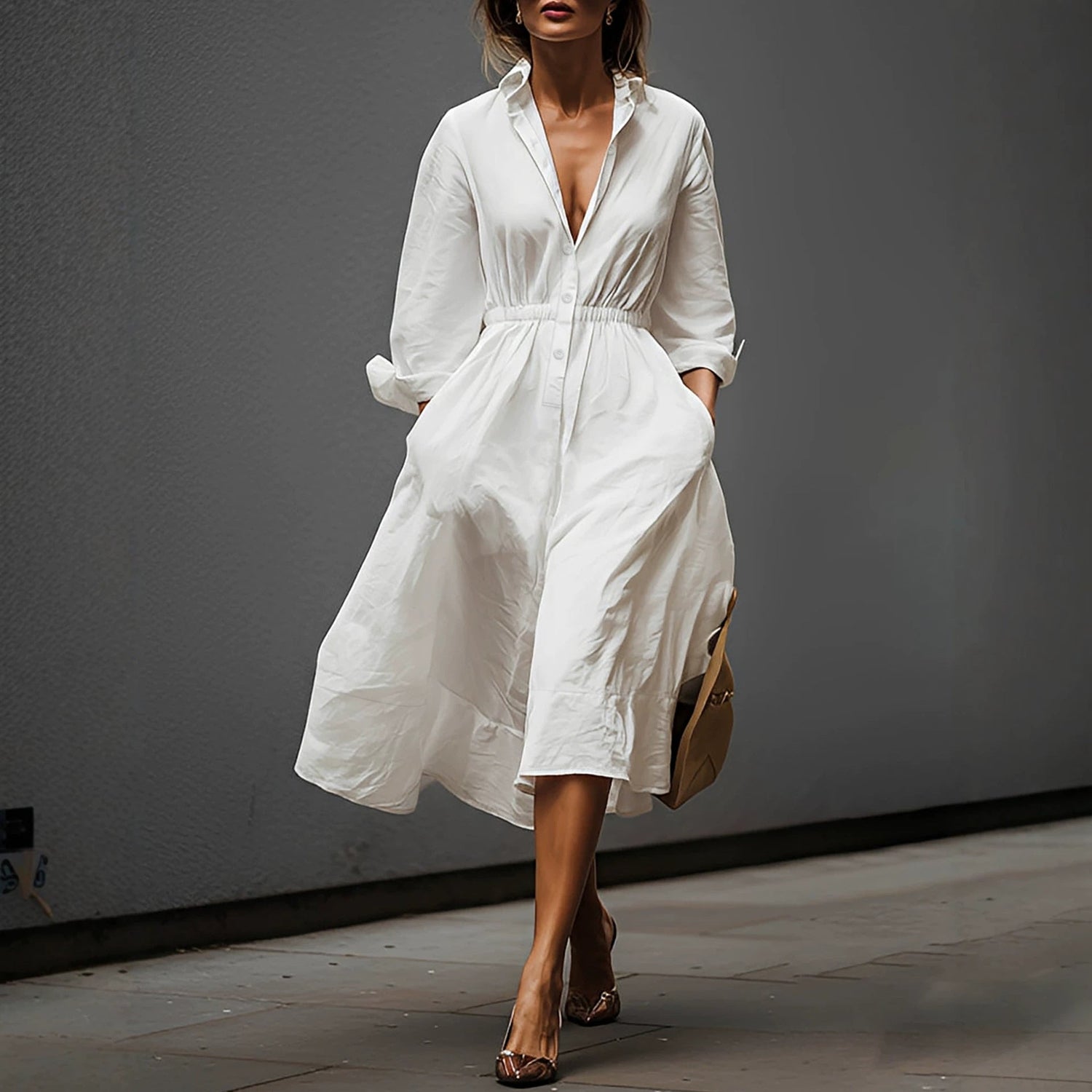 French Casual Elegant Shirtdress Summer Lapels Fitted Waist Pleated Pocket Design Commuting Elegant Dress  DestGlow