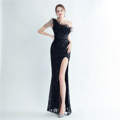 Heavy Industry Ostrich Hair Craft Beading Hair Oblique Shoulder Side Slit High End Evening Dress by Ragazza