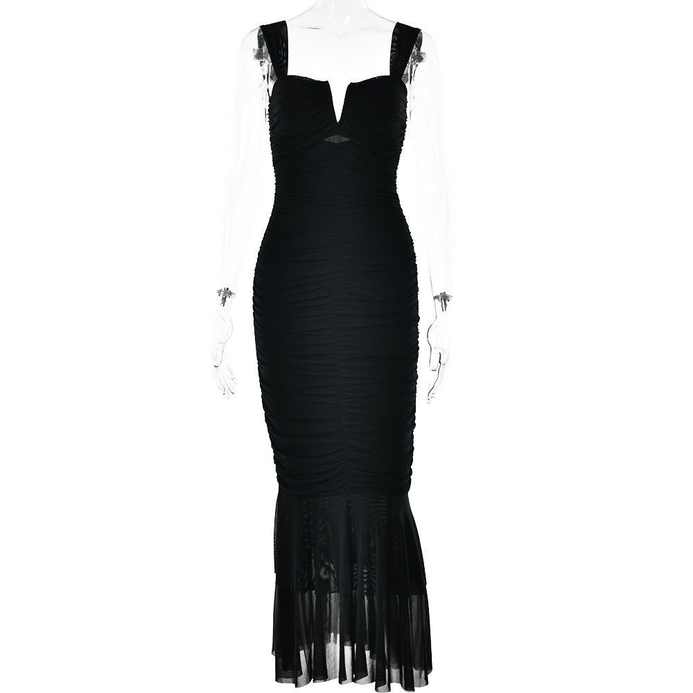 Spring Summer Suspender Stitching Dress Fashionable Sexy Tight Pleated Fishtail Dress by Ragazza