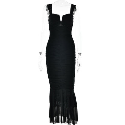 Spring Summer Suspender Stitching Dress Fashionable Sexy Tight Pleated Fishtail Dress by Ragazza