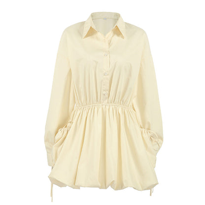 Women Spring Long Sleeve Fitted Waist Turn down Collar Lace up Shirt Dress by Ragazza