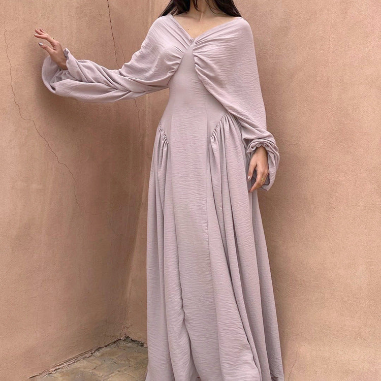 Pleated Design Elegant Dress Women V neck Batwing Sleeve High Waist Sheath Dress by Ragazza