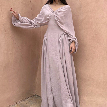 Pleated Design Elegant Dress Women V neck Batwing Sleeve High Waist Sheath Dress by Ragazza