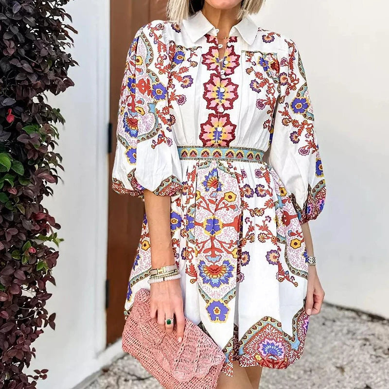 Spring Women Clothing V neck Lantern Sleeve Printed Waist Slimming Dress by Ragazza
