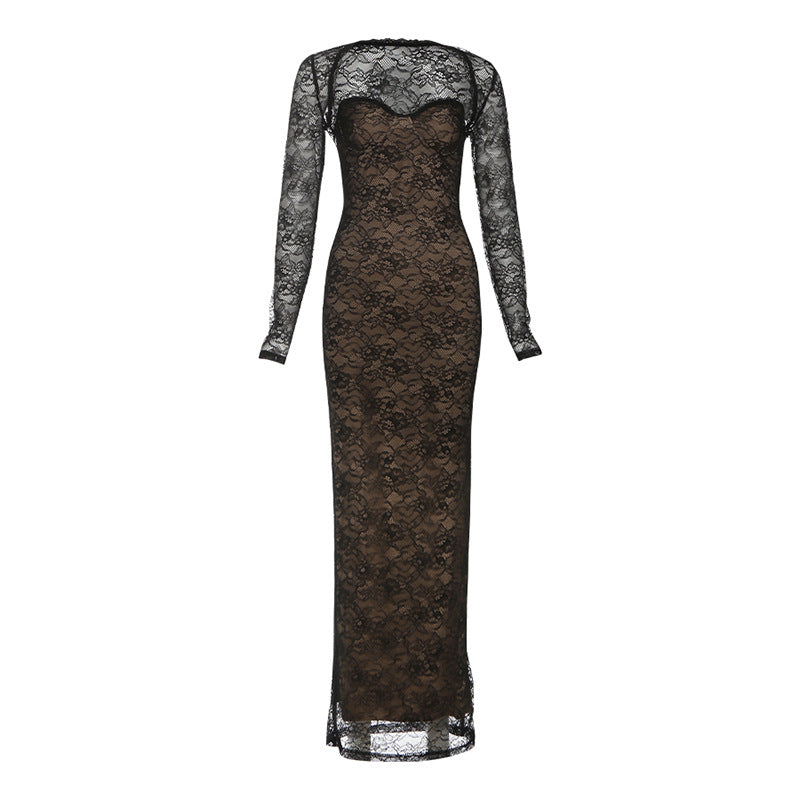 Autumn Winter Women Sexy Lace Slim V neck Tube Top Dress Cardigan Long Sleeve Set Women by Ragazza
