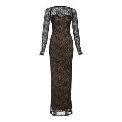 Autumn Winter Women Sexy Lace Slim V neck Tube Top Dress Cardigan Long Sleeve Set Women by Ragazza