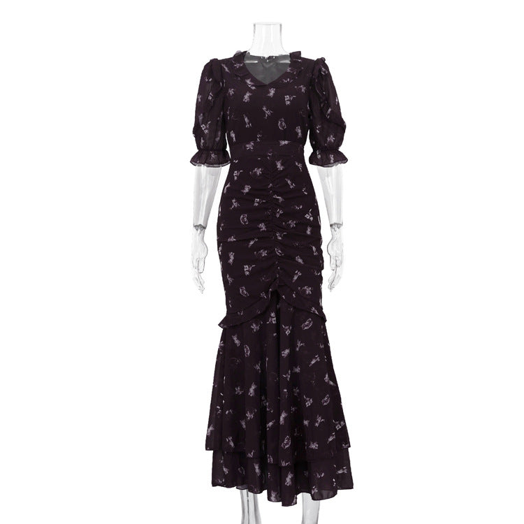Women Clothing Digital Printing Sheath Dress V neck Half Sleeve Pleated High Waist Maxi Dress  DestGlow