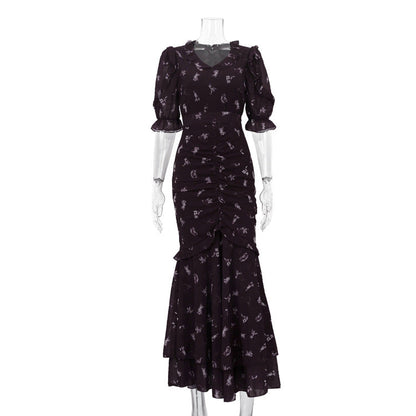 Women Clothing Digital Printing Sheath Dress V neck Half Sleeve Pleated High Waist Maxi Dress  DestGlow