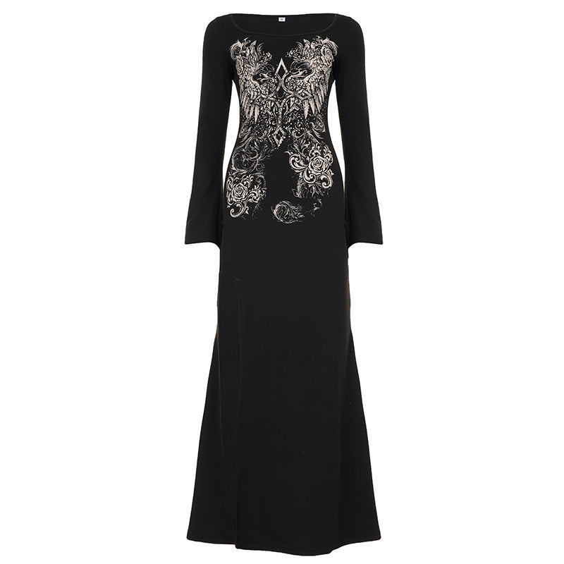 Arrival Dark Street Retro Printed Sexy Long Sleeved Dress Women Split Niche Dress by Ragazza