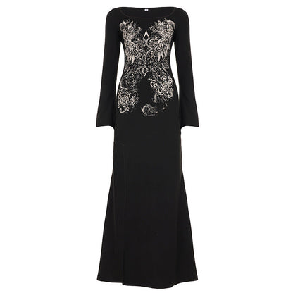 Arrival Dark Street Retro Printed Sexy Long Sleeved Dress Women Split Niche Dress by Ragazza
