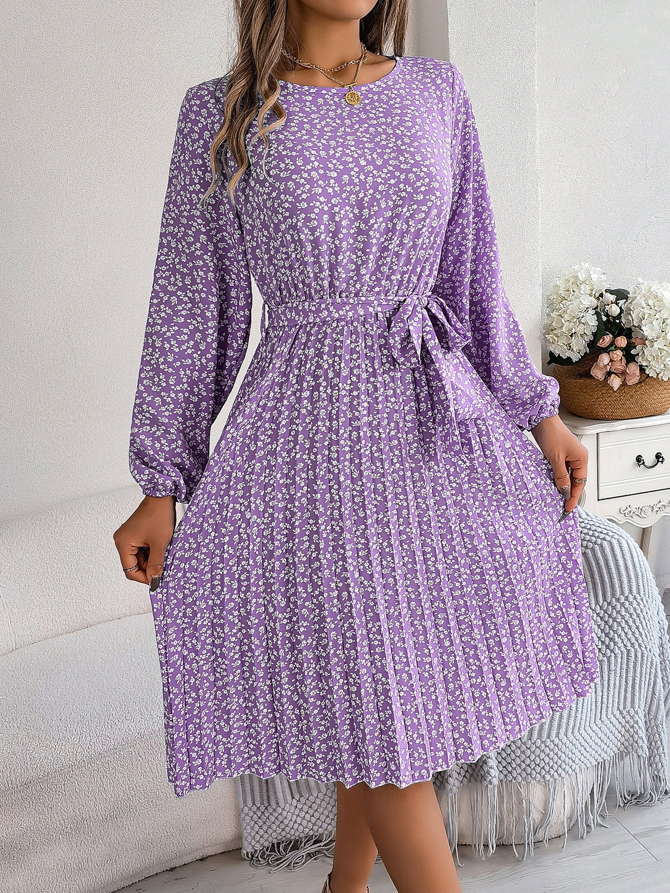 Spring Summer Casual Long Sleeved Floral Large Hem Pleated Women Clothing by Ragazza