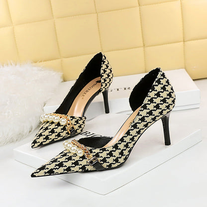 High Heel Low Cut Pointed Toe Side Hollowed Out Fabric Plaid Pearl Metal Chain Houndstooth Pumps  DestGlow