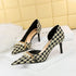 High Heel Low Cut Pointed Toe Side Hollowed Out Fabric Plaid Pearl Metal Chain Houndstooth Pumps  DestGlow