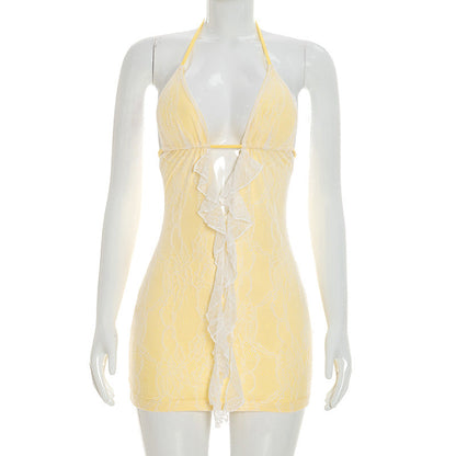 Women Clothing Summer Solid Color Sexy Hollow Out Cutout Out Backless Sleeveless Lace Mini Short Dress  DestGlow