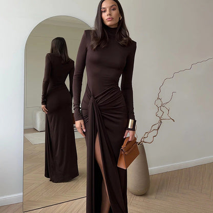 Fall Winter Women High Collar Long Sleeve Stitching Lace up Waist Controlled Slim Fit Solid Color Dress Women by Ragazza