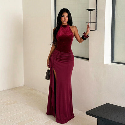 Halter Sequined Elegant Dress Sexy Split Pleated Dress for Women  DestGlow