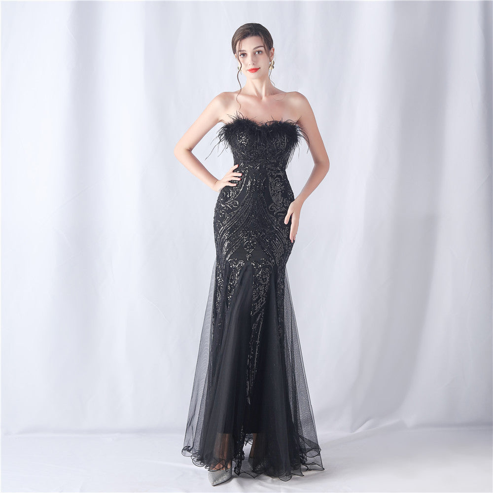Ostrich Feather Positioning Floral Cutting Wedding Annual Meeting Tube Top Sequin Gauze Evening Dress by Ragazza