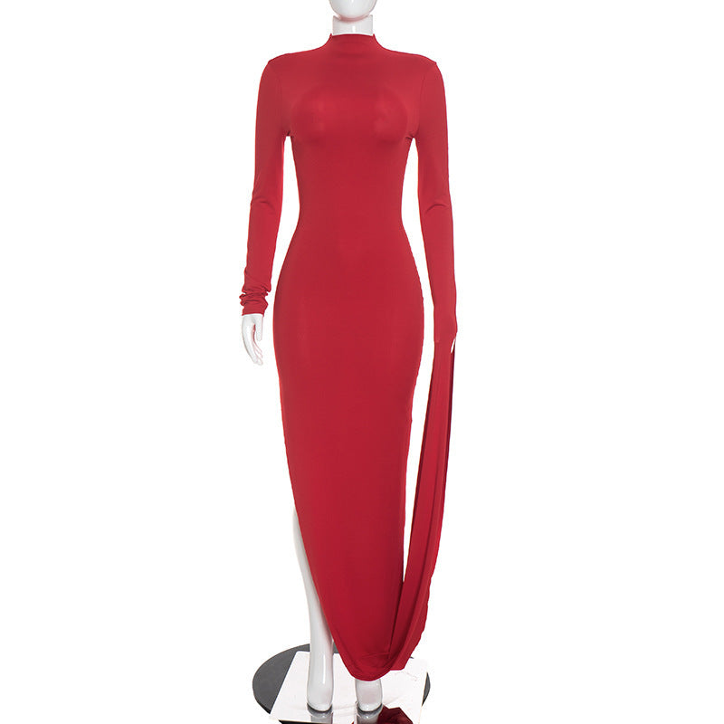 Women Clothing Autumn Solid Color Casual Half Turtleneck Oblique Sleeve Slim Dress  DestGlow