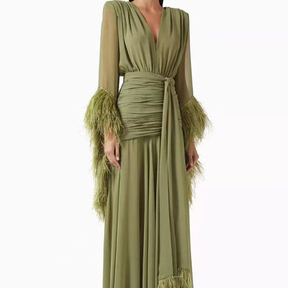 Spring Solid Color Evening Dress Long Sleeve Slim Dress  DestGlow