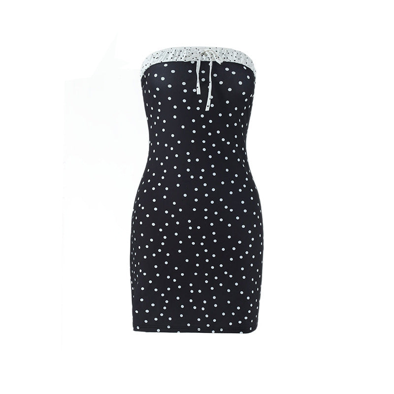Sexy Women Dress Wrapped Chest Pleated Polka Dot Color Contrast Patchwork Slim Dress by Ragazza