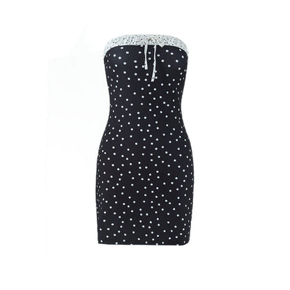 Sexy Women Dress Wrapped Chest Pleated Polka Dot Color Contrast Patchwork Slim Dress by Ragazza