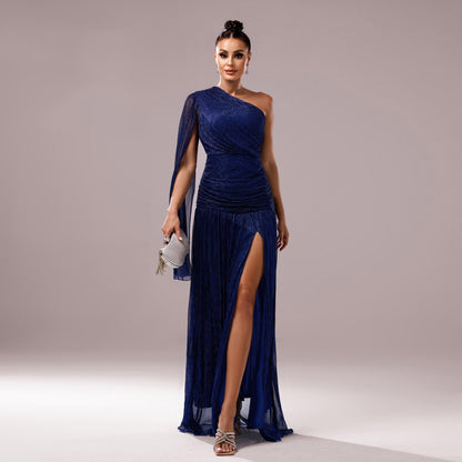 Women Clothing Premium One Shoulder Diagonal Collar Long Sleeve Slim Fit Slit Cocktail Evening Dress by Ragazza