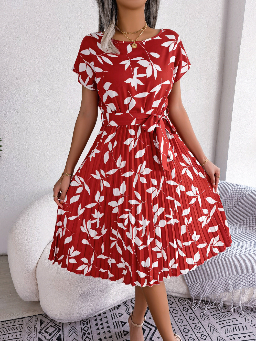 Spring Summer Casual Leaves Short Sleeve Large Swing Pleated Dress Women Clothing by Ragazza