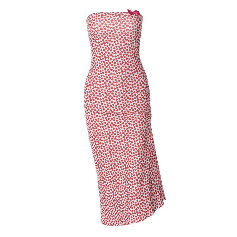 French Romantic Women Tube Top Heart Printing Slim Fit Sheath Dress Date Ancient Military Uniform Maxi Dress by Ragazza