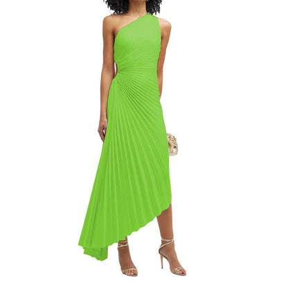 Women Clothing One Shoulder Pleated Color Light Color Series Irregular Asymmetric Dress  DestGlow