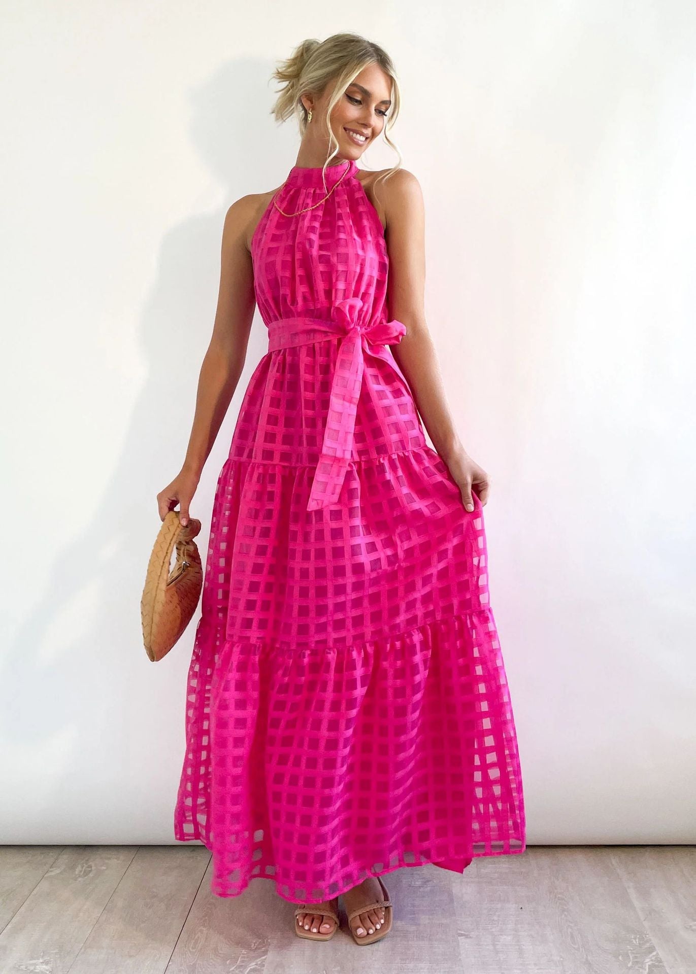 Spring Summer Stand Collar Solid Color Plaid Retro Maxi Dress Casual Dress for Women by Ragazza