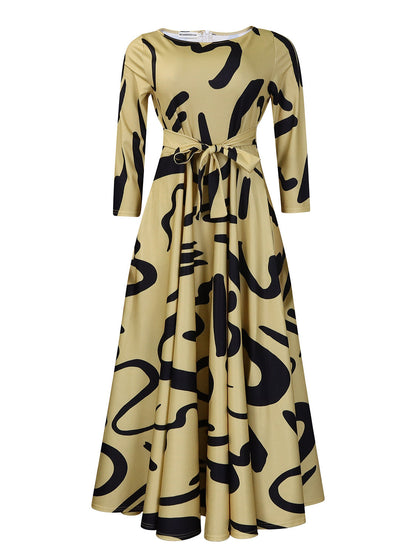 Women Clothing Spring Elegant Graceful Printed Lace up Large Dress by Ragazza