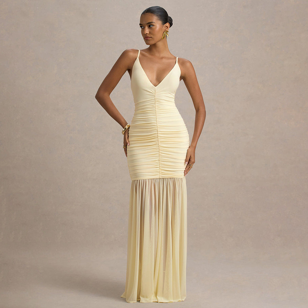 Elegant Straps Tulle Dress Sexy Deep V Plunge Pleated Stitched Backless Maxi Dress by Ragazza