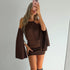 Women Clothing Solid Color Hollow Out Cutout Backless Halter Horn Shoulder Digging Long Sleeve Dress Baggy Package Hip Short Dress  DestGlow