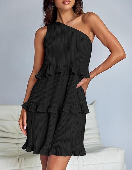 Spring Summer Women Clothing Oblique Shoulder Layered Stitching Hem Solid Color Dress Women by Ragazza