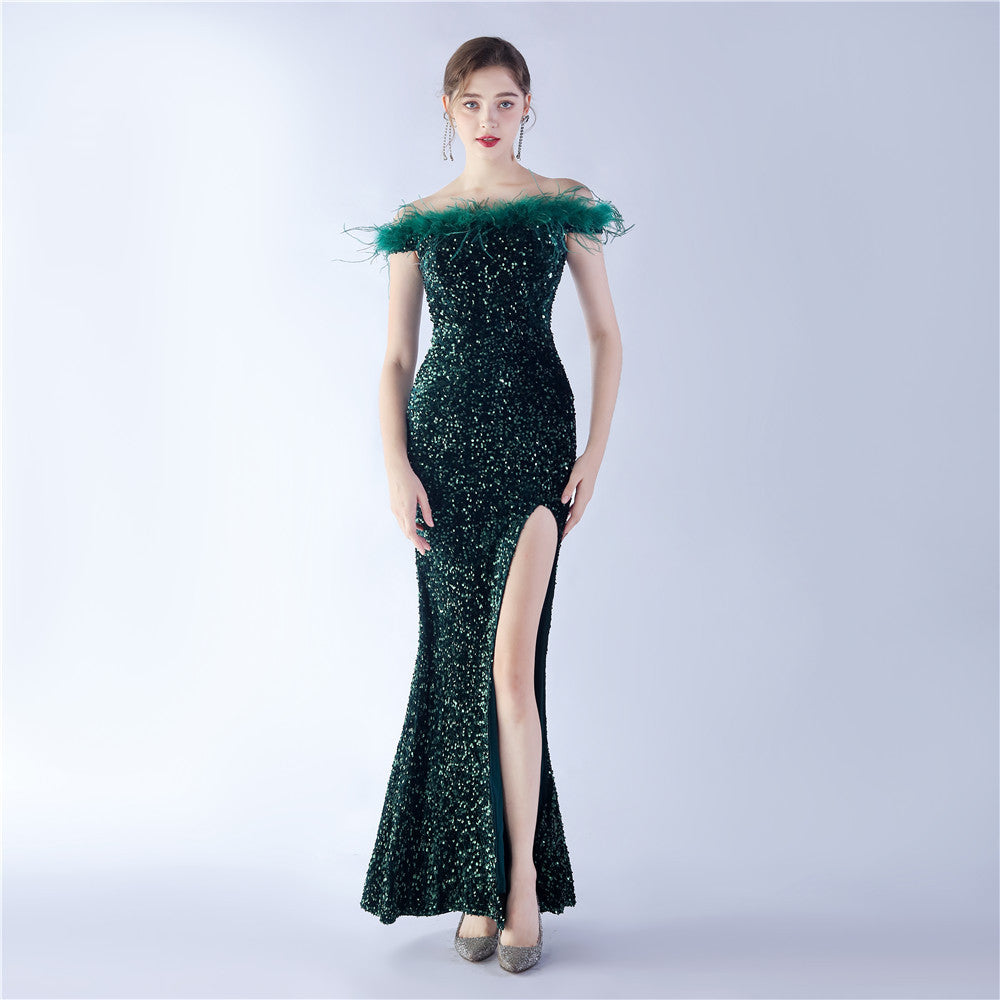 Velvet Bottom Sequin Craft Order Ostrich Hair off-Shoulder High End Evening Dress by Ragazza