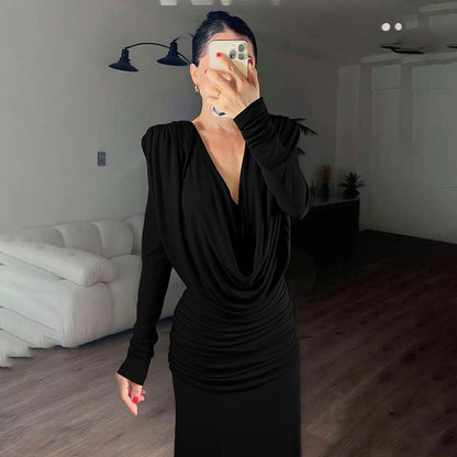 Fall Women Clothing Sexy Backless Swing Collar Slim Pleated Solid Color Long Sleeve Dress by Ragazza