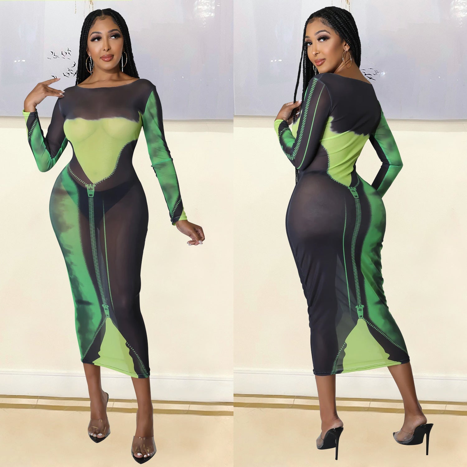 Summer Women Clothing Sexy Mesh Floral Print Long Sleeve Mid-Length Women Dress by Ragazza